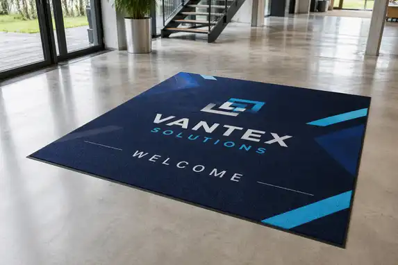 Bedruckte Willkommensmatte mit Logo – professioneller Eingangsbereich.
